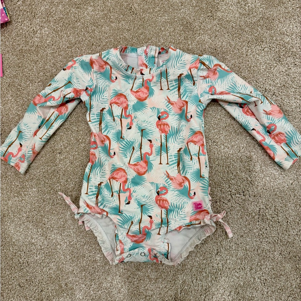 Girls Rufflebutts 2T month long sleeve rash guard swimsuit - flamingo
